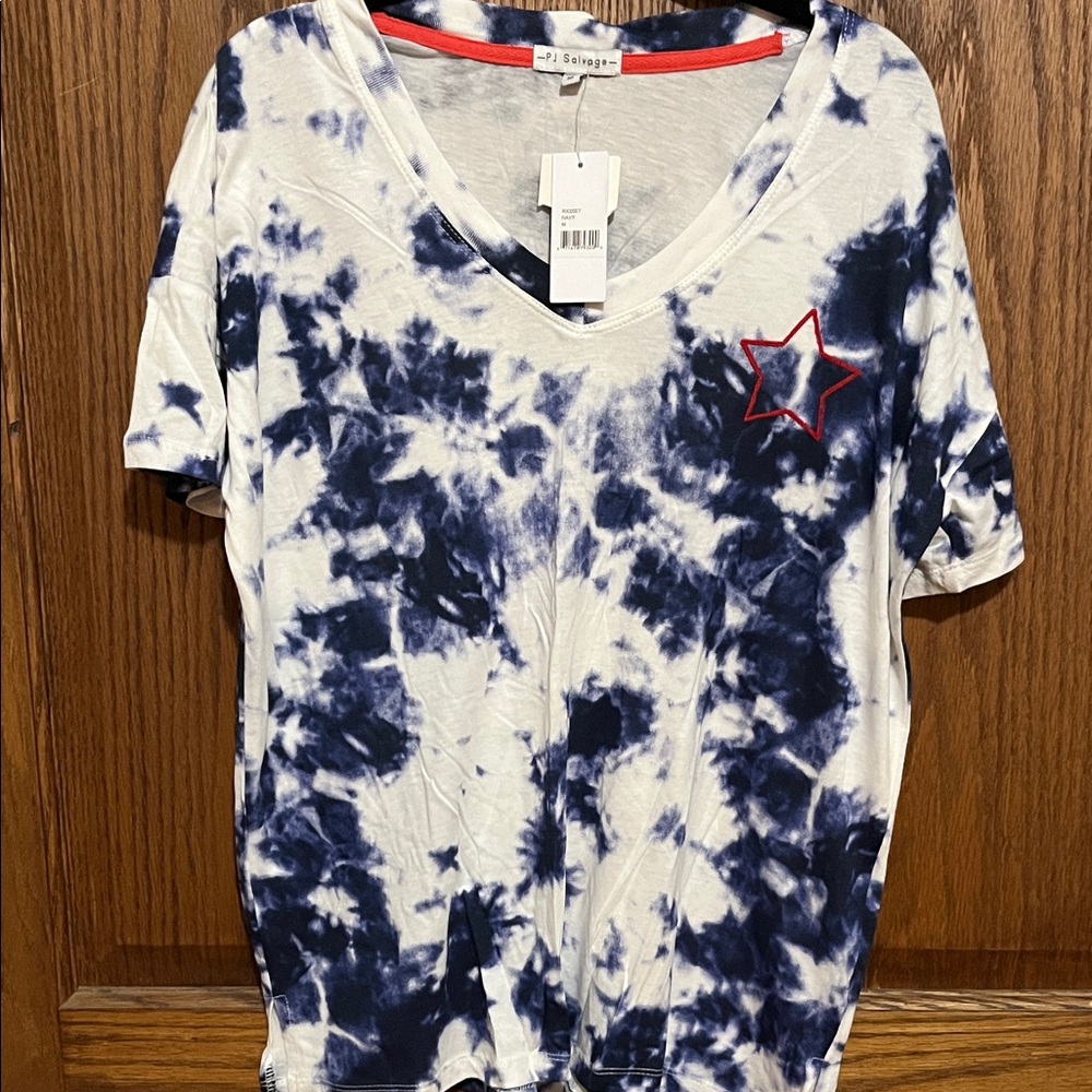 PJ Salvage Blue and White Tie-Dye V-Neck Tee with Red Star